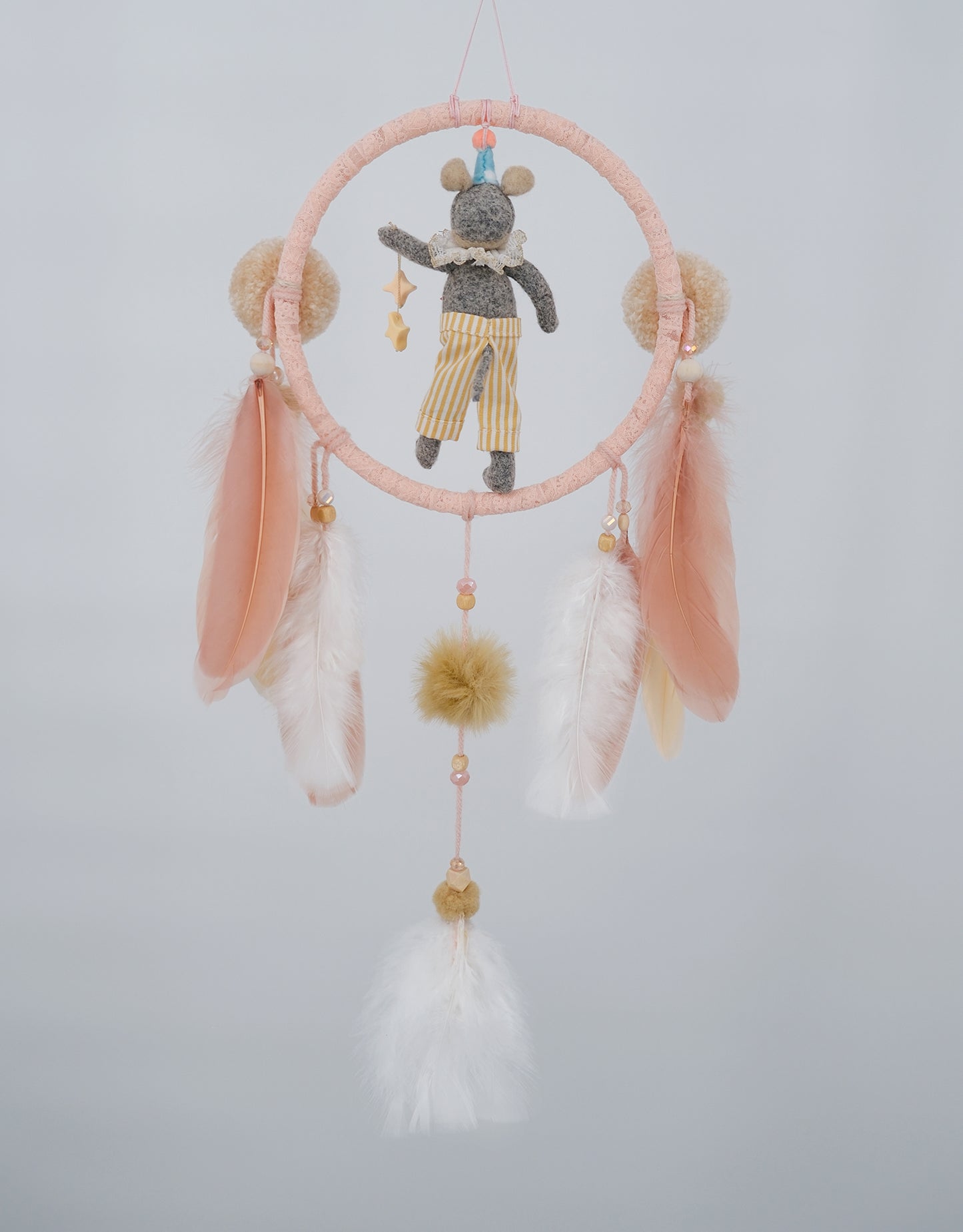 Gray wool Mouse Pink Dreamcatcher